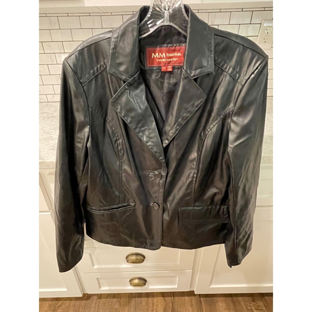 MM Mark Mattis Jacket Women M Black Faux Leather 2-Button Coat Moto Classic